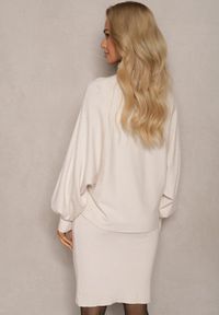 Renee - Jasnobeżowy Komplet z Prążkowanej Dzianiny Golf z Bufiastymi Rękawami i Sukienka na Ramiączkach Belianora. Kolor: beżowy. Materiał: dzianina, prążkowany #4
