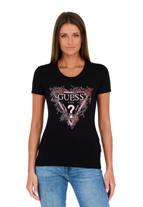 Guess - GUESS Czarny damski t-shirt bawełniany z logo, Rozmiar S. Kolor: czarny. Materiał: bawełna. Wzór: nadruk