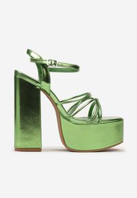 Renee - Zielone Sandały na Wysokim Słupku i Platformie z Cienkimi Paskami Tolme. Nosek buta: otwarty. Zapięcie: pasek. Kolor: zielony. Obcas: na platformie #3