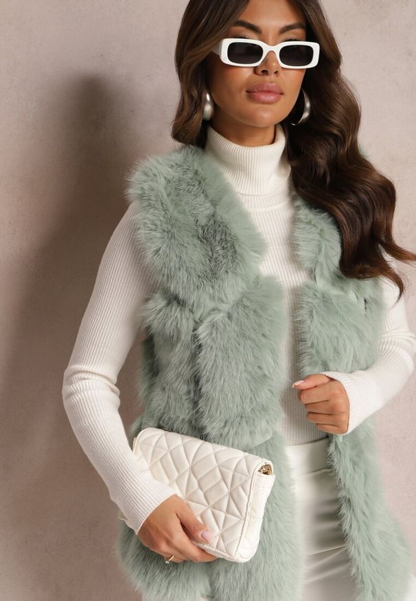 Renee - Miętowa Futrzana Kamizelka z Wstawkami z Ekoskóry Lewja. Kolor: miętowy. Materiał: futro
