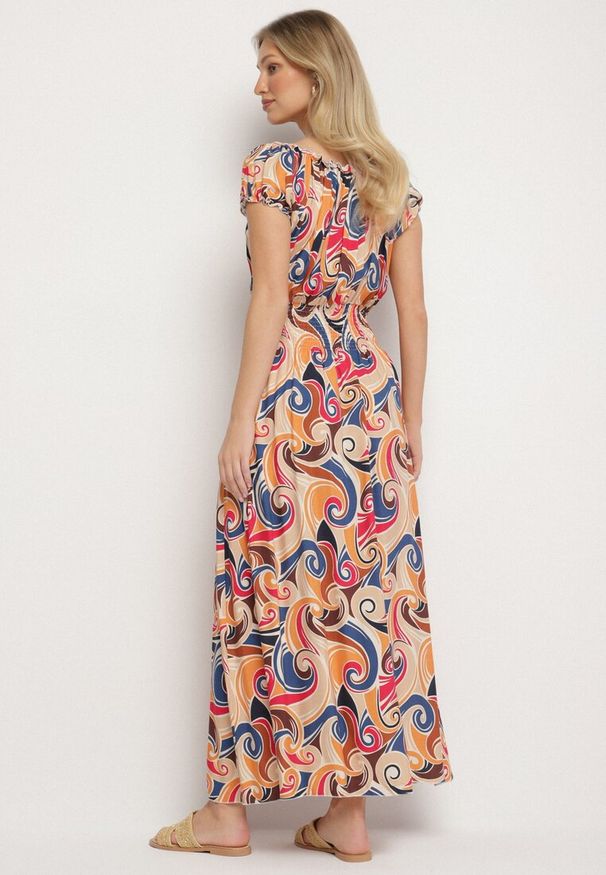 Born2be - Pomarańczowa Bawełniana Sukienka z Abstrakcyjnym Wzorem i Gumką w Pasie Orralisa. Okazja: na co dzień. Kolor: pomarańczowy. Materiał: bawełna. Typ sukienki: proste, rozkloszowane. Styl: casual, elegancki, klasyczny