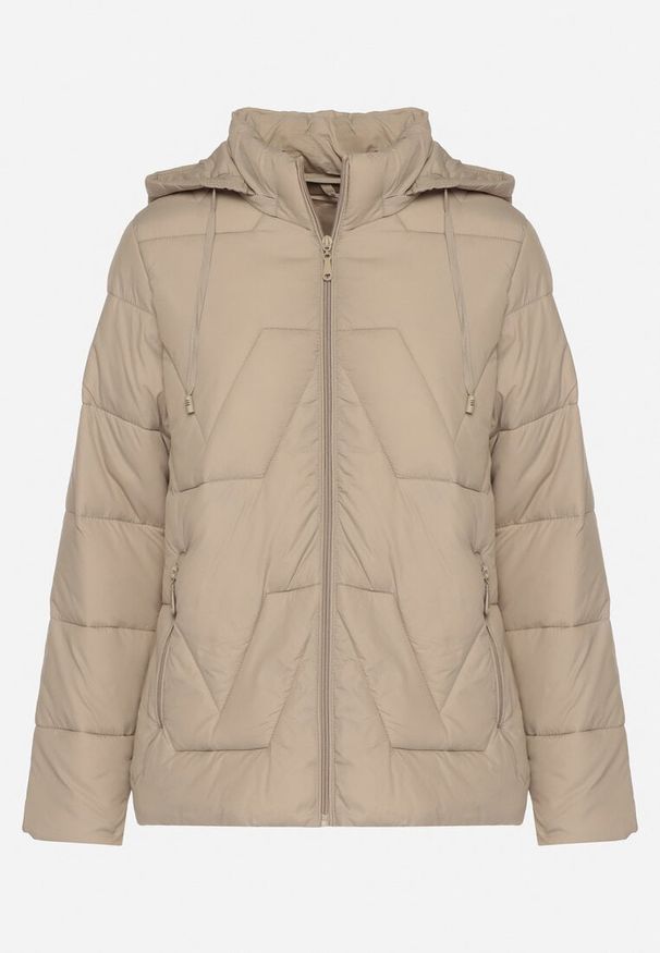Born2be - Ciemnobeżowa Kurtka z Szerokim Pikowaniem i Kapturem Yasidi. Okazja: na co dzień. Kolor: beżowy. Materiał: jeans. Styl: elegancki, casual