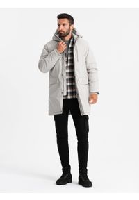 Ombre Clothing - Długa klasyczna męska kurtka typu parka – kremowa V1 - Rozmiar: L. Typ kołnierza: kaptur. Kolor: kremowy. Materiał: guma, syntetyk, poliester, materiał. Długość: długie. Wzór: gładki, aplikacja. Styl: klasyczny #6
