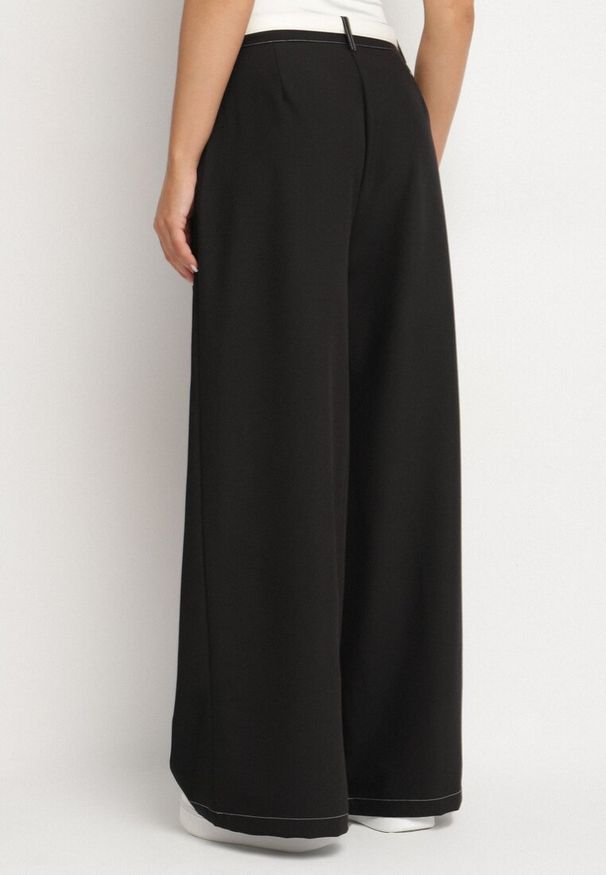 Born2be - Czarne Spodnie z Wiskozą o Szerokim Kroju z Wysokim Stanem Zdobione Przeszyciami Linasea. Okazja: na spotkanie biznesowe, do pracy, na co dzień. Stan: podwyższony. Kolor: czarny. Materiał: wiskoza. Wzór: aplikacja. Styl: elegancki, casual, biznesowy