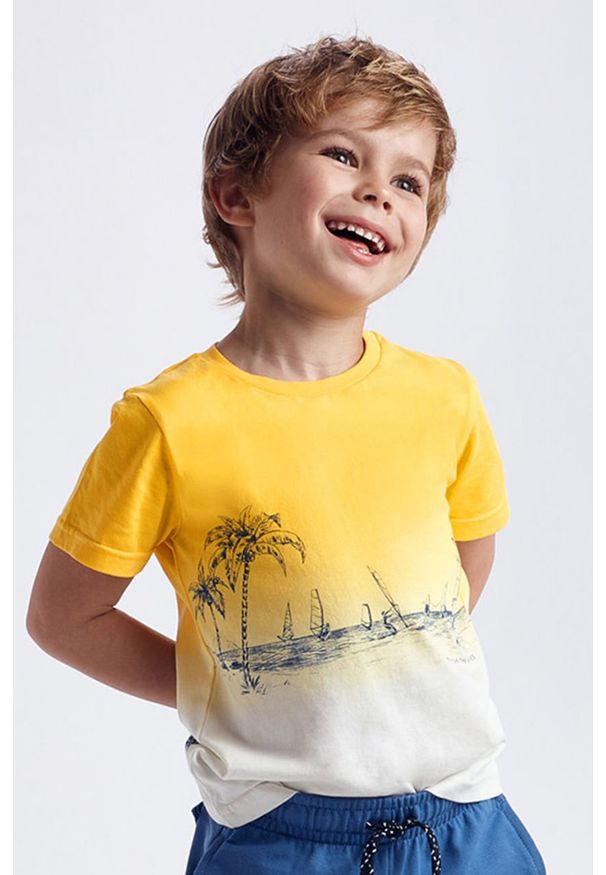 Mayoral - T-shirt dziecięcy. Okazja: na co dzień. Kolor: żółty. Materiał: bawełna, dzianina. Wzór: nadruk. Styl: casual