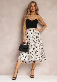 Renee - Jasnobeżowa Spódnica Midi Tiulowa z Welurowymi Kwiatami i Gumką w Talii Zihrosa. Kolor: beżowy. Materiał: welur, tiul. Wzór: kwiaty #4