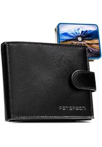 Portfel męski ze skóry naturalnej w czarnym kolorze zamykany na zatrzask, w zestawie z brelokiem - Peterson. Kolor: czarny. Materiał: skóra #1