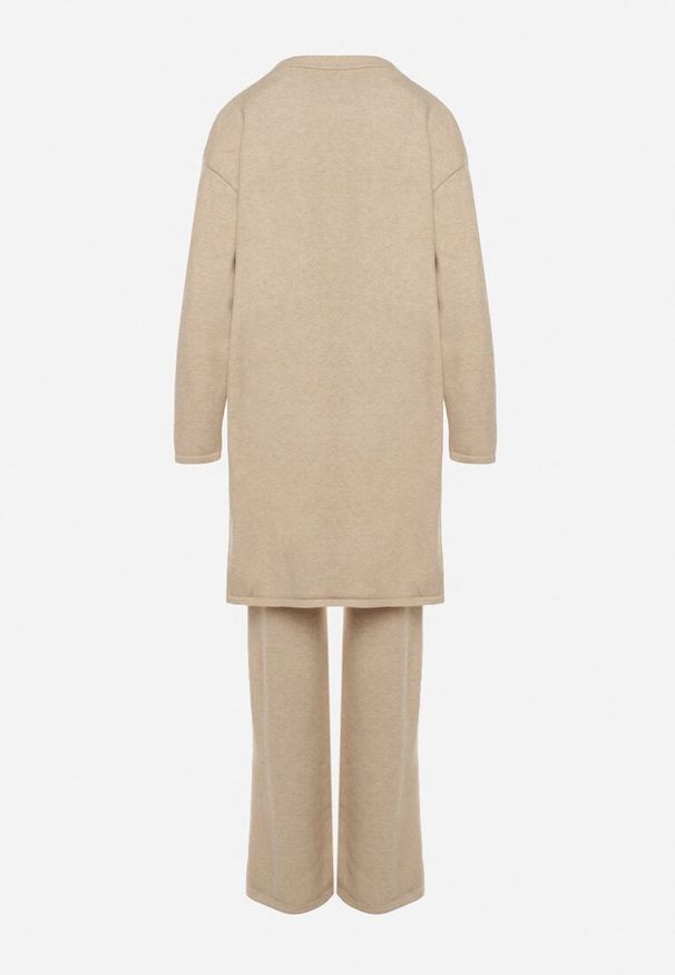 Born2be - Jasnobeżowy Komplet z Dzianiny z Wełną Spodnie Kardigan i Kamizelka na Guziki Meviseffa. Kolor: beżowy. Materiał: dzianina, wełna