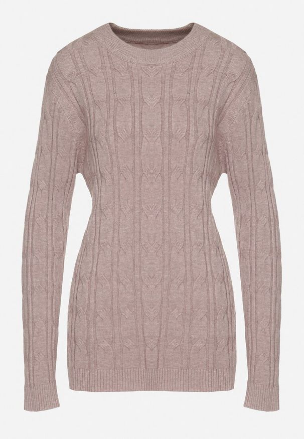 Born2be - Ciemnobeżowy Sweter z Wiskozą i Ozdobnym Splotem Savria. Okazja: na co dzień. Kolor: beżowy. Materiał: wiskoza. Wzór: ze splotem. Styl: casual, klasyczny