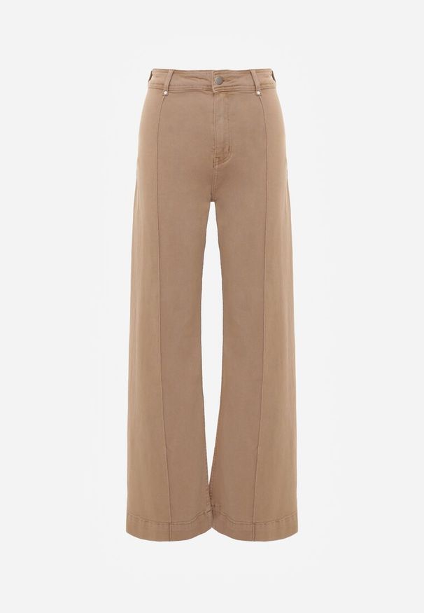 Renee - Beżowe Bawełniane Jeansy High Waist Wide Leg z Pionowymi Przeszyciami Ethemithea. Stan: podwyższony. Kolor: beżowy. Styl: rockowy