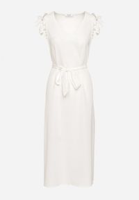 Born2be - Biała Sukienka Wiązana w Pasie z Rękawem z Falbanką z Rozcięciami i Cyrkoniami Fernesta. Okazja: do pracy. Typ kołnierza: kołnierz z falbankami. Kolor: biały. Wzór: aplikacja. Styl: elegancki, wizytowy #2