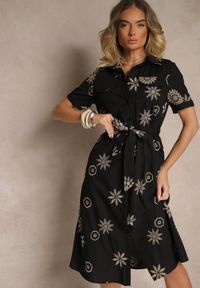 Renee - Czarna Wiskozowa Sukienka Koszulowa Ozdobiona Paskiem i Haftem Divaloria. Okazja: na co dzień, na spotkanie biznesowe. Kolor: czarny. Materiał: wiskoza. Wzór: aplikacja, haft. Typ sukienki: koszulowe. Styl: biznesowy, klasyczny, casual #5