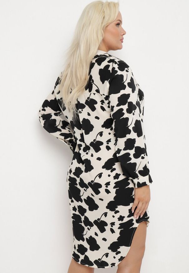 Born2be - Biało-Czarna Sukienka Koszulowa z Abstrakcyjnym Wzorem i Podwijanymi Rękawami Grailuna. Kolekcja: plus size. Kolor: biały. Typ sukienki: koszulowe