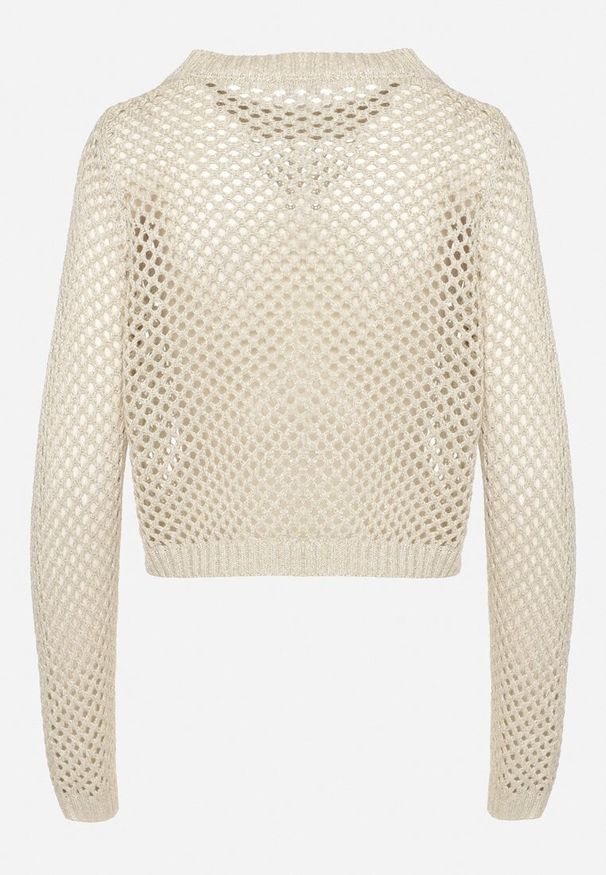 Born2be - Beżowy Sweter Ażurowy o Krótkim Kroju z Metaliczną Nitką Pilliselia. Okazja: na co dzień, na spacer. Kolor: beżowy. Materiał: jeans. Długość rękawa: długi rękaw. Długość: krótkie. Wzór: ażurowy. Sezon: wiosna. Styl: casual