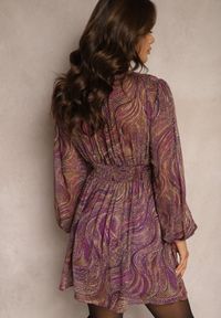 Renee - Fioletowa Taliowana Sukienka o Rozkloszowanym Kroju z Prześwitującymi Rękawami i Stójką Relabia. Okazja: na co dzień. Typ kołnierza: kołnierzyk stójkowy. Kolor: fioletowy. Typ sukienki: rozkloszowane. Styl: klasyczny, casual #5