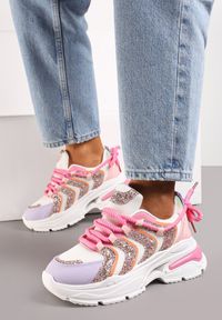 Renee - Różowo-fioletowe Sneakersy na Masywnej Podeszwie Odobione Brokatem Thirlas. Kolor: różowy #3