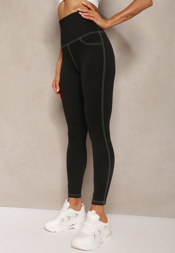 Renee - Czarne Legginsy High Waist w Jeansowy Wzór Elazara. Stan: podwyższony. Kolor: czarny. Materiał: jeans. Styl: elegancki, street