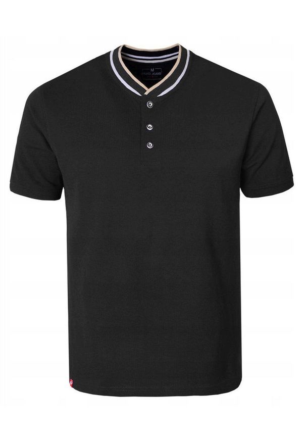 Koszulka Męska (T-Shirt) na Stójce z Guzikami - Pako Jeans - Czarna. Okazja: na co dzień. Typ kołnierza: kołnierzyk stójkowy. Kolor: czarny. Materiał: bawełna. Styl: casual