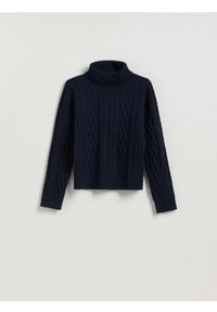 Reserved - Sweter z warkoczowym splotem - granatowy. Kolor: niebieski. Materiał: dzianina, wełna. Wzór: ze splotem