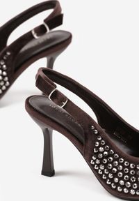 Renee - Brązowe Szpilki Slingback Ozdobione Cyrkoniami Benikke. Zapięcie: sprzączka. Kolor: brązowy. Wzór: aplikacja. Obcas: na szpilce. Styl: klasyczny, elegancki #4