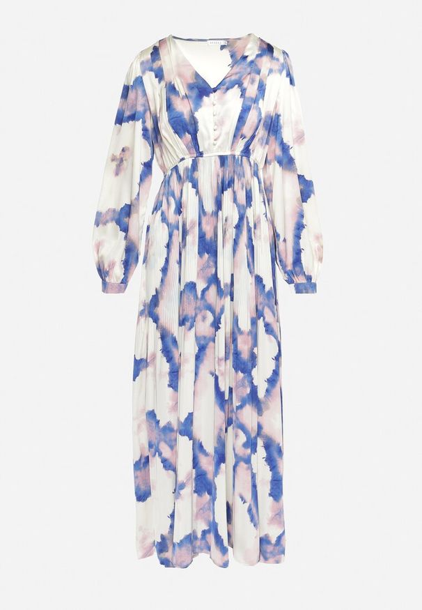 Born2be - Beżowo-Fioletowa Satynowa Sukienka Maxi Rozkloszowana z Guzikami Ulrina. Kolor: beżowy. Materiał: satyna. Styl: elegancki. Długość: maxi