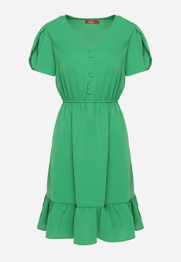 Born2be - Zielona Rozkloszowana Sukienka z Gumką w Talii i Falbanką Welimia. Kolor: zielony