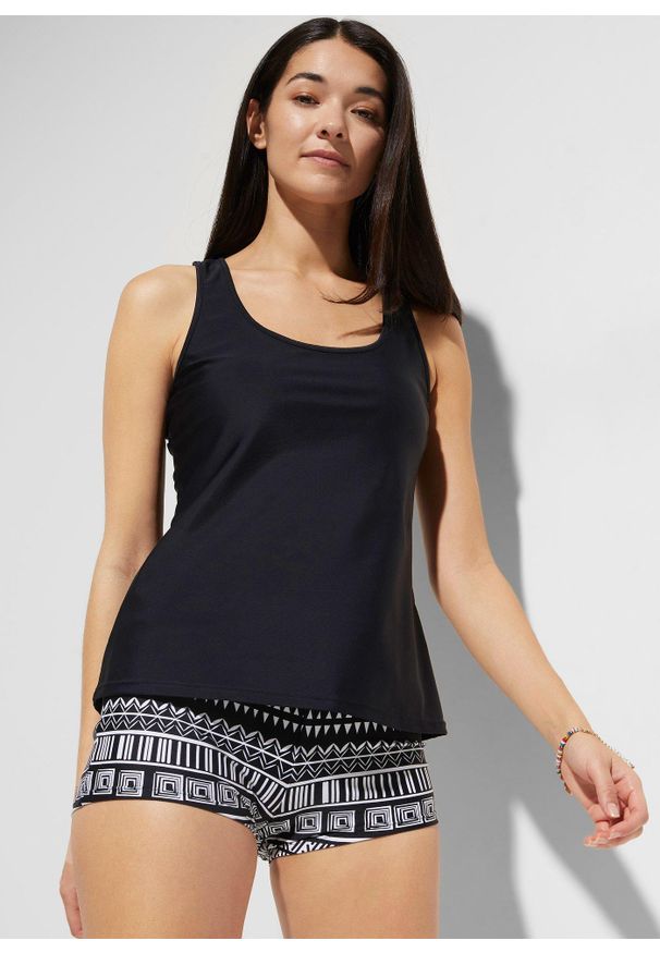 bonprix - Tankini z górą typu bustier (komplet 3 cz.). Kolor: czarny. Długość rękawa: na ramiączkach. Wzór: nadruk