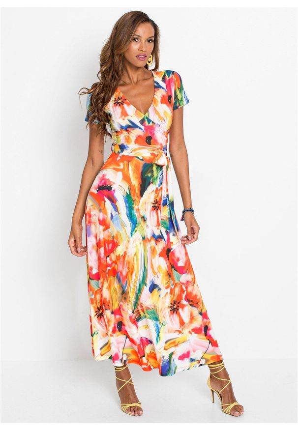 bonprix - Sukienka maxi. Kolor: pomarańczowy. Wzór: kolorowy, kwiaty. Sezon: lato. Długość: maxi