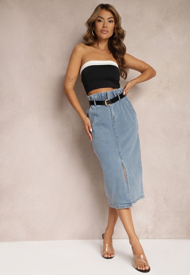 Renee - Niebieska Bawełniana Spódnica High Waist z Rozcięciem Paskiem i Gumką w Talii Crisbella. Okazja: na co dzień. Stan: podwyższony. Kolor: niebieski. Materiał: bawełna. Styl: casual, elegancki
