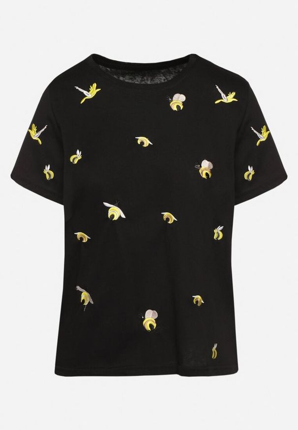 Born2be - Czarny T-shirt z Bawełny Ozdobiony Haftem Hiraviel. Okazja: na co dzień. Kolor: czarny. Materiał: bawełna. Wzór: aplikacja, haft. Styl: casual
