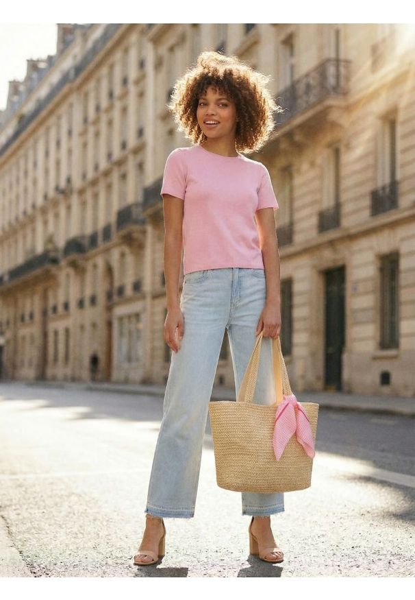 Sinsay - Wiskozowy sweter z krótkim rękawem - różowy. Kolor: różowy. Materiał: wiskoza. Długość rękawa: krótki rękaw. Długość: krótkie