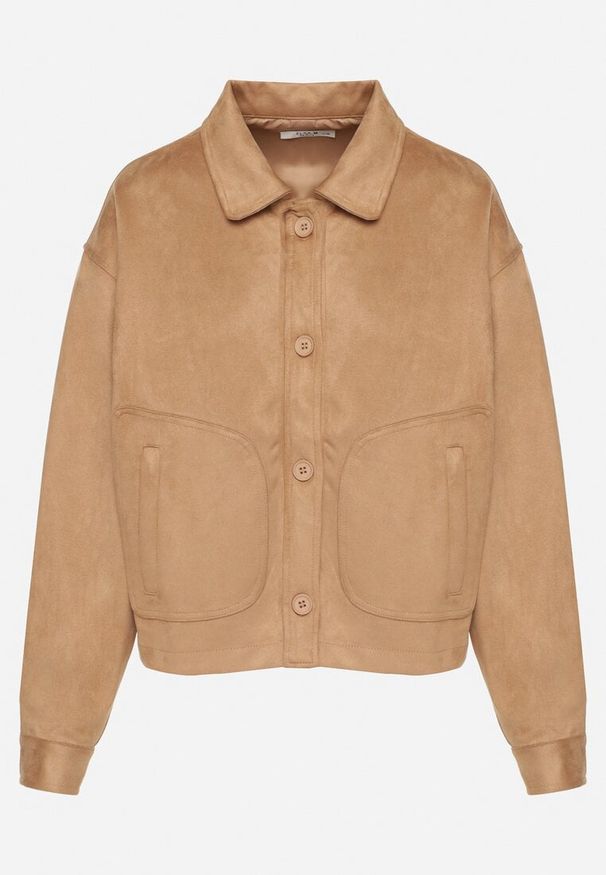 Born2be - Beżowa Koszulowa Kurtka z Imitacji Zamszu z Ozdobnymi Przeszyciami Arenella. Kolor: beżowy. Materiał: zamsz