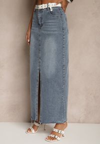 Renee - Niebieska Spódnica Jeansowa o Ołówkowym Kroju Zdobiona Rozcięciem Lisovira. Stan: podwyższony. Kolor: niebieski. Materiał: jeans. Wzór: aplikacja. Styl: elegancki #5