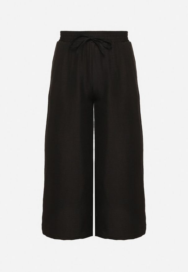 Born2be - Czarne Spodnie o Szerokim Kroju z Wysokim Stanem i Wiązaniem Telarieta. Okazja: na co dzień. Stan: podwyższony. Kolor: czarny. Materiał: len. Styl: klasyczny, casual, elegancki