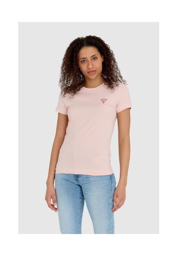 Guess - GUESS Różowy t-shirt damski slim fit z małym logo. Kolor: różowy. Materiał: bawełna