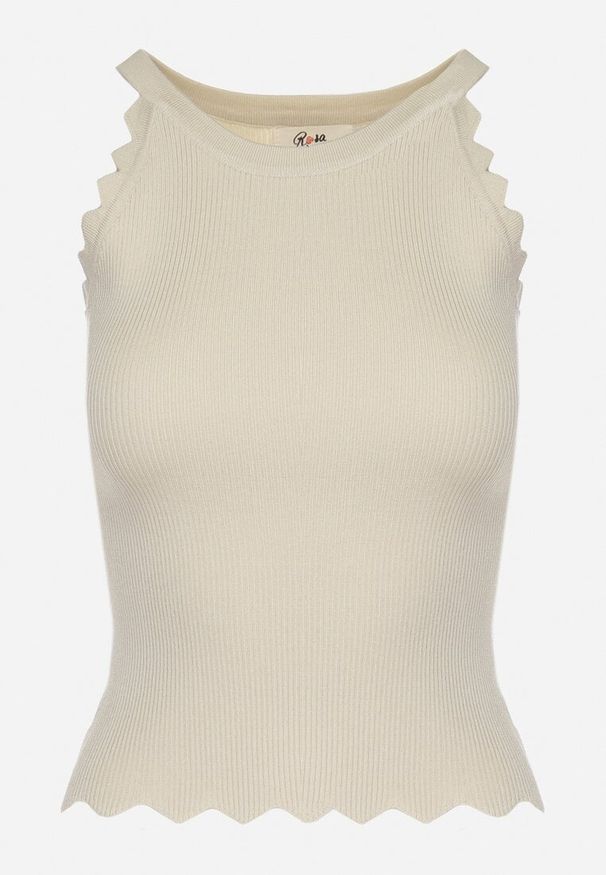 Born2be - Jasnobeżowy Klasyczny Top z Prążkowanego Materiału z Wiskozą i Ozdobnym Wykończeniem Grunvia. Okazja: do pracy, na co dzień. Kolor: beżowy. Materiał: wiskoza, materiał, prążkowany. Sezon: lato. Styl: klasyczny