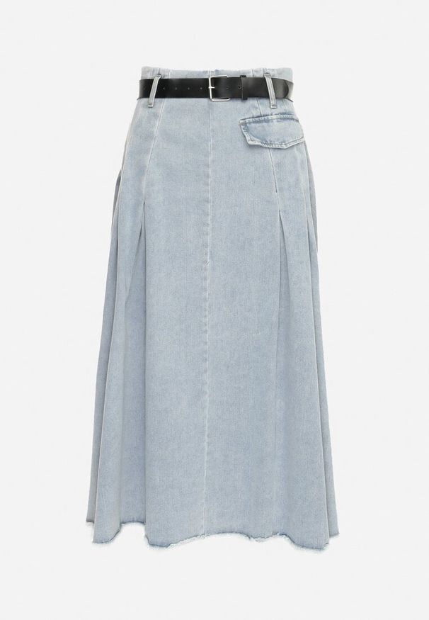 Born2be - Jasnoniebieska Jeansowa Spódnica o Rozkloszowanym Fasonie z Paskiem Firlana. Kolor: niebieski. Materiał: jeans