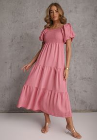 Renee - Różowa Sukienka z Wiskozy o Rozkloszowanym Kroju z Bufiastymi Rękawkami Rosena. Kolor: różowy. Materiał: wiskoza. Długość rękawa: krótki rękaw. Sezon: lato. Typ sukienki: rozkloszowane. Długość: maxi #7