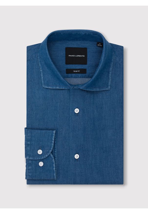 Pako Lorente - PAKO LORENTE - Niebieska koszula jeansowa. Typ kołnierza: kołnierzyk włoski. Kolor: niebieski. Materiał: jeans. Długość rękawa: długi rękaw. Długość: długie. Wzór: gładki
