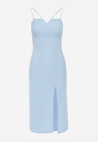 Born2be - Jasnoniebieska Sukienka na Ramiączkach z Rozcięciem Sophiya. Kolor: niebieski. Materiał: tkanina. Długość rękawa: na ramiączkach. Wzór: aplikacja, gładki. Długość: midi #7