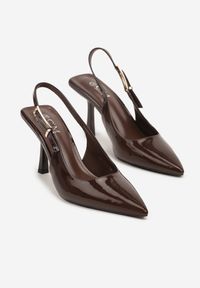 Renee - Brązowe Lakierowane Sandały Czółenka na Kaczuszce Slingback Silvesa. Okazja: na co dzień. Kolor: brązowy. Materiał: lakier. Obcas: na szpilce. Styl: klasyczny, casual, elegancki