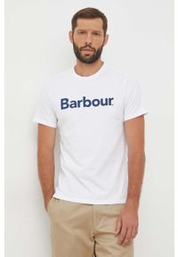 Barbour t-shirt bawełniany kolor biały z nadrukiem. Kolor: biały. Materiał: bawełna. Wzór: nadruk. Styl: klasyczny #2