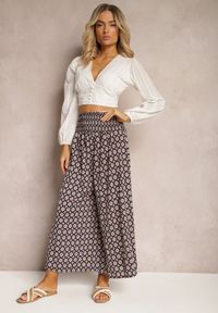 Renee - Granatowo-Beżowe Szerokie Spodnie Kuloty z Gumką w Pasie Zaphelia. Okazja: na co dzień, do pracy. Stan: podwyższony. Kolor: niebieski. Materiał: materiał. Styl: elegancki, casual #3