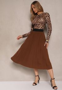 Renee - Brązowa Casualowa Spódnica Plisowana z Gumką w Pasie Velentina. Okazja: na co dzień. Kolor: brązowy. Materiał: koronka. Styl: casual