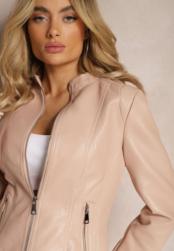 Renee - Różowa Ramoneska Kurtka z Ekoskóry z Suwakami Geomela. Okazja: na co dzień. Kolor: różowy. Materiał: jeans. Styl: klasyczny, rockowy, casual
