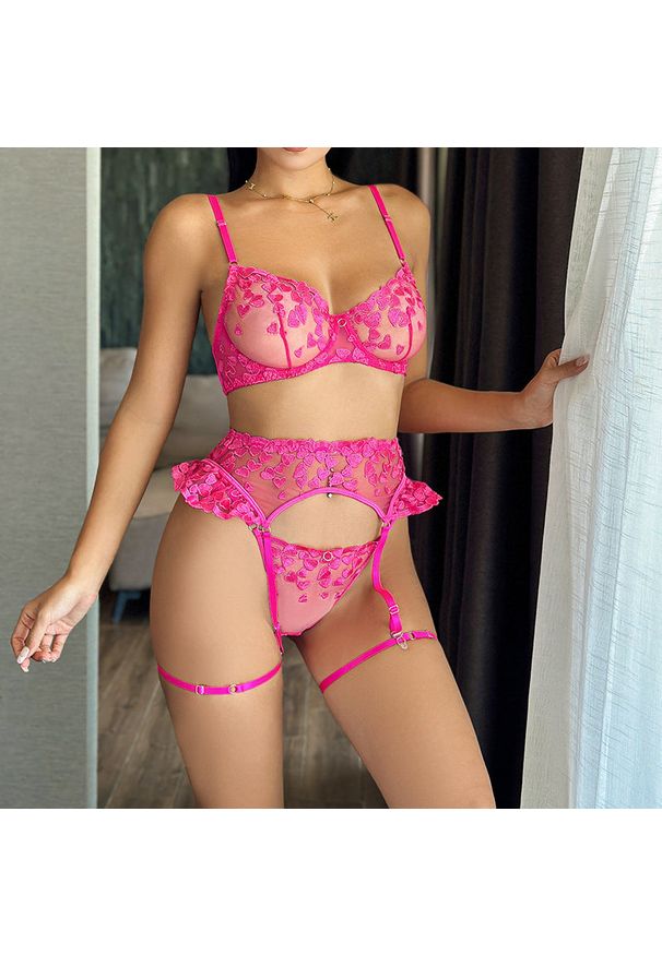 Intica - Zestaw bielizny koronkowej czteroczęściowy z pasem do pończoch Ughetta. Kolor: różowy. Materiał: koronka. Wzór: aplikacja, koronka