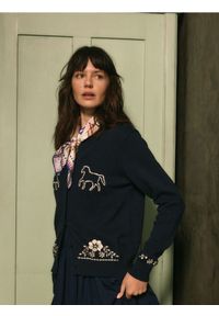 Reserved - Bawełniany kardigan z haftem - granatowy. Kolor: niebieski. Materiał: bawełna. Wzór: haft #1