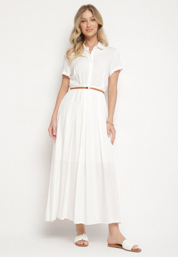 Born2be - Biała Wiskozowa Sukienka o Koszulowym Fasonie z Wąskim Paskiem Fillamea. Kolor: biały. Materiał: wiskoza. Wzór: aplikacja. Typ sukienki: koszulowe. Styl: elegancki