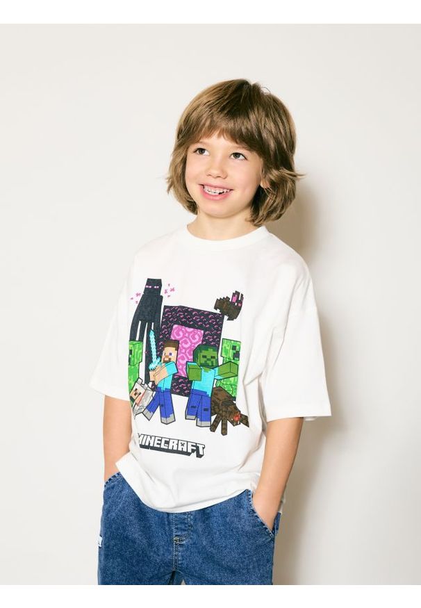 Reserved - Bawełniany t-shirt Minecraft - złamana biel. Materiał: bawełna