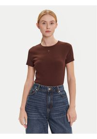 Tommy Jeans T-Shirt Essential DW0DW17383 Brązowy Slim Fit. Kolor: brązowy. Materiał: bawełna